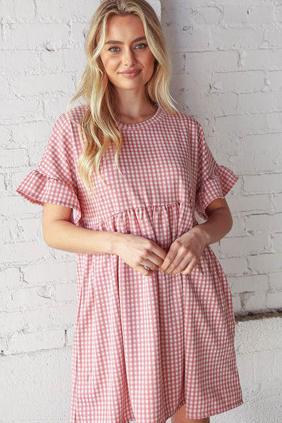 Rose Double Knit Jacquard Plaid Pocketed 3/4 Sleeve Dress