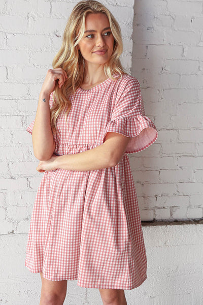 Rose Double Knit Jacquard Plaid Pocketed 3/4 Sleeve Dress