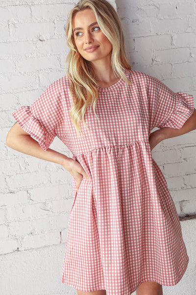 Rose Double Knit Jacquard Plaid Pocketed 3/4 Sleeve Dress