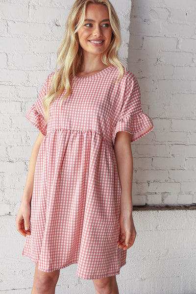 Rose Double Knit Jacquard Plaid Pocketed 3/4 Sleeve Dress