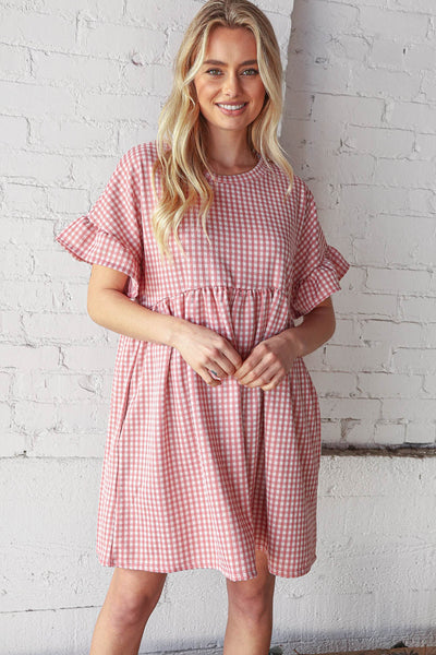 Rose Double Knit Jacquard Plaid Pocketed 3/4 Sleeve Dress