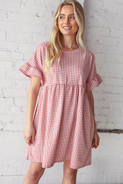 Rose Double Knit Jacquard Plaid Pocketed 3/4 Sleeve Dress