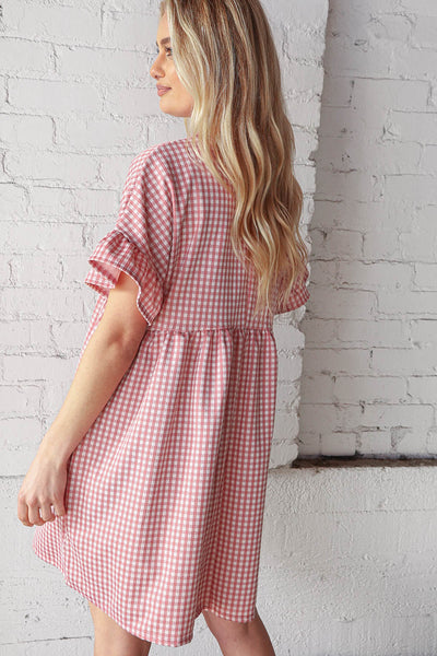 Rose Double Knit Jacquard Plaid Pocketed 3/4 Sleeve Dress