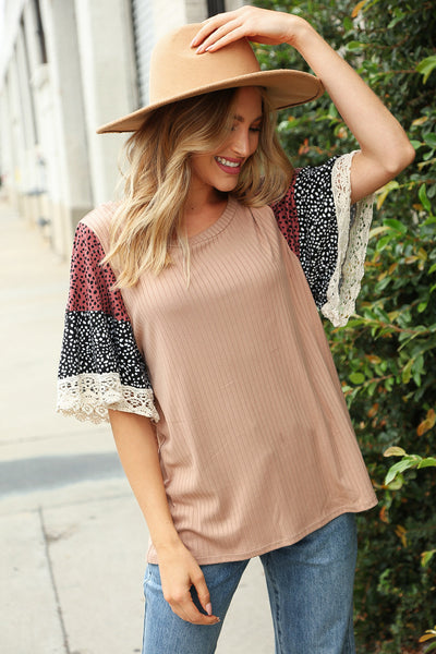 Taupe Leopard Print Crochet Bell Sleeve Ribbed Top