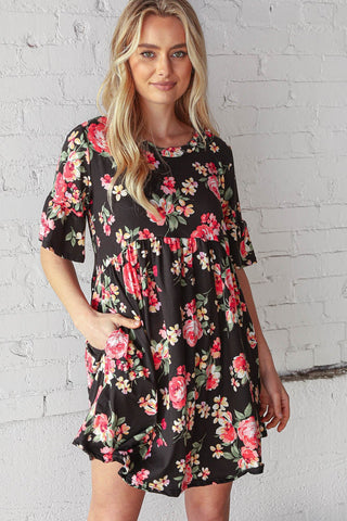 Black and Floral Elbow Length Swing Pocketed Dress