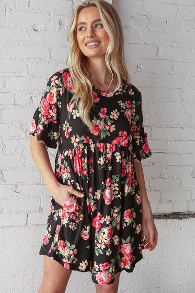 Black and Floral Elbow Length Swing Pocketed Dress