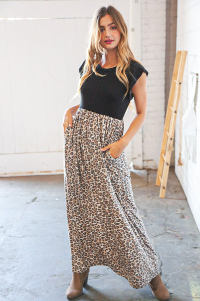 Black Rib Leopard Print Fit and Flare Sleeveless Maxi Dress