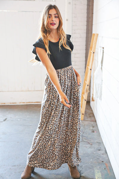 Black Rib Leopard Print Fit and Flare Sleeveless Maxi Dress