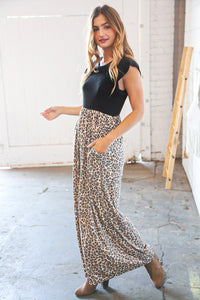 Black Rib Leopard Print Fit and Flare Sleeveless Maxi Dress