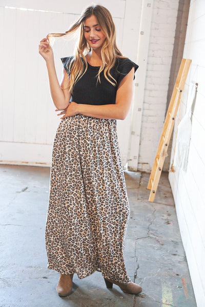 Black Rib Leopard Print Fit and Flare Sleeveless Maxi Dress