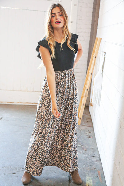 Black Rib Leopard Print Fit and Flare Sleeveless Maxi Dress