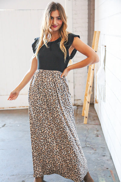 Black Rib Leopard Print Fit and Flare Sleeveless Maxi Dress