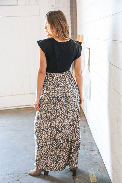 Black Rib Leopard Print Fit and Flare Sleeveless Maxi Dress