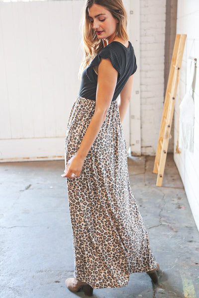 Black Rib Leopard Print Fit and Flare Sleeveless Maxi Dress