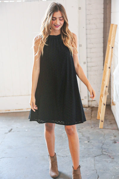 Midnight Eyelet Halter Neck Back Tie Dress