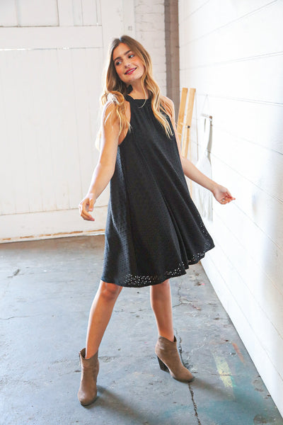 Midnight Eyelet Halter Neck Back Tie Dress