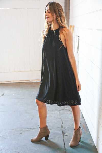 Midnight Eyelet Halter Neck Back Tie Dress