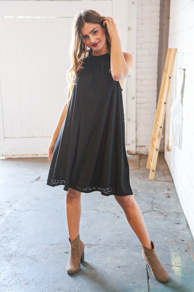 Midnight Eyelet Halter Neck Back Tie Dress