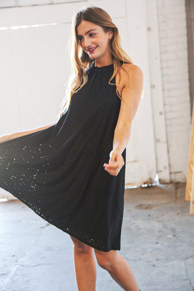 Midnight Eyelet Halter Neck Back Tie Dress