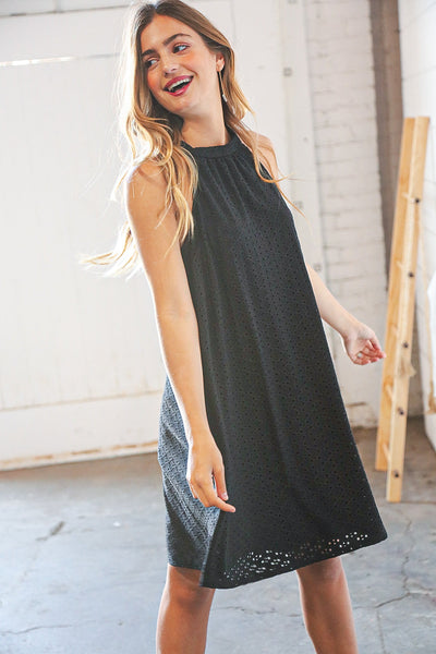 Midnight Eyelet Halter Neck Back Tie Dress