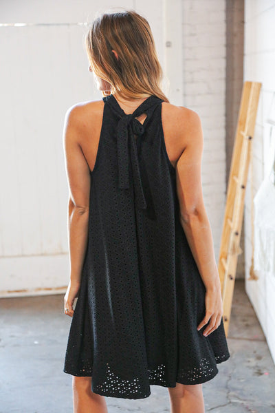 Midnight Eyelet Halter Neck Back Tie Dress