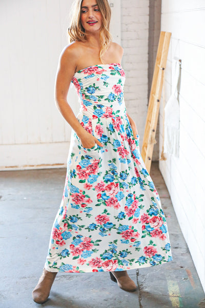 White Floral Sleeveless Pocketed Maxi Dress