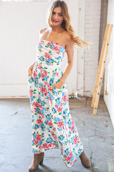 White Floral Sleeveless Pocketed Maxi Dress