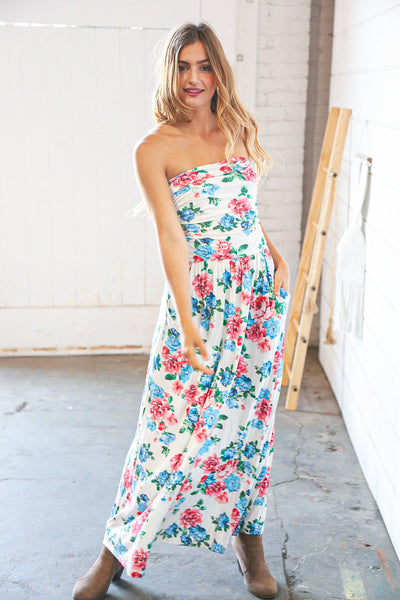 White Floral Sleeveless Pocketed Maxi Dress