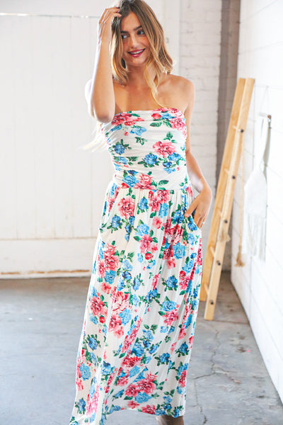 White Floral Sleeveless Pocketed Maxi Dress