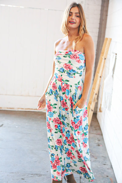 White Floral Sleeveless Pocketed Maxi Dress