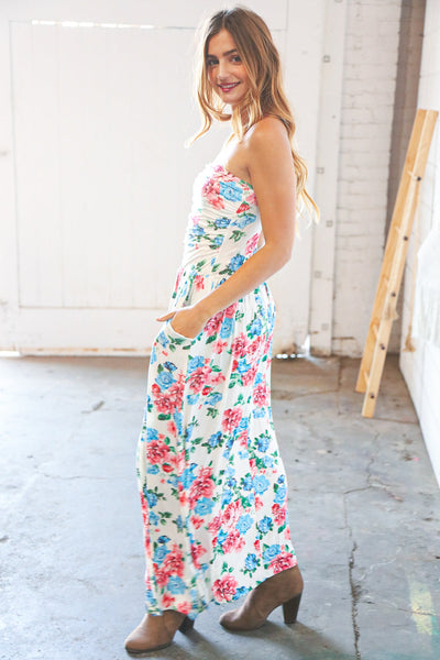 White Floral Sleeveless Pocketed Maxi Dress