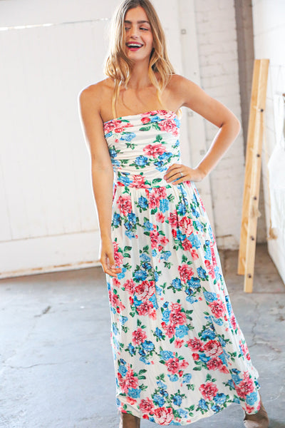 White Floral Sleeveless Pocketed Maxi Dress