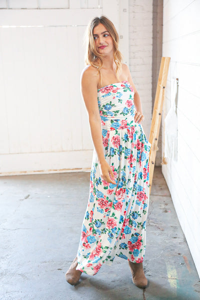 White Floral Sleeveless Pocketed Maxi Dress