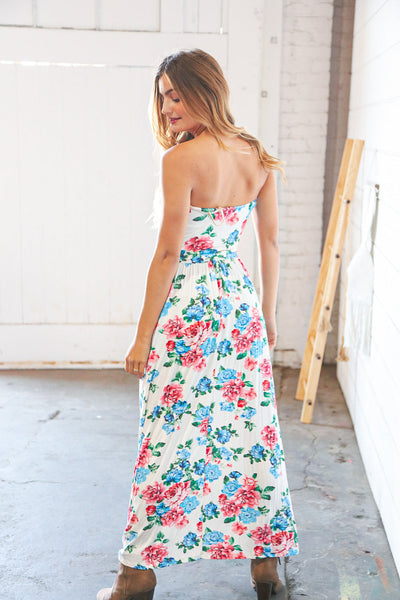 White Floral Sleeveless Pocketed Maxi Dress