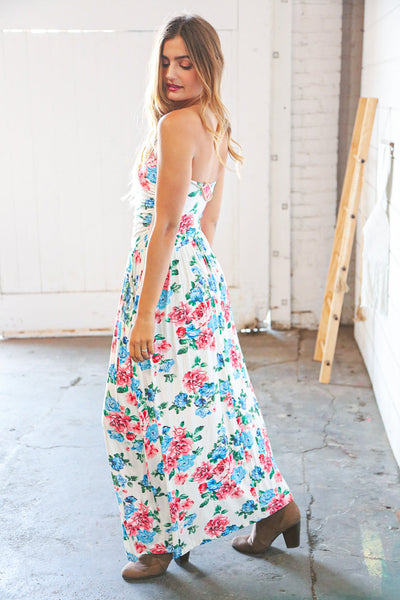 White Floral Sleeveless Pocketed Maxi Dress