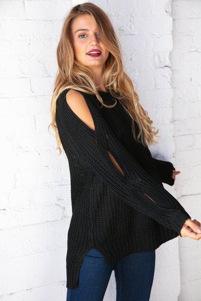 Twisted Cut Out Patterned Long Sleeve Knit Sweater