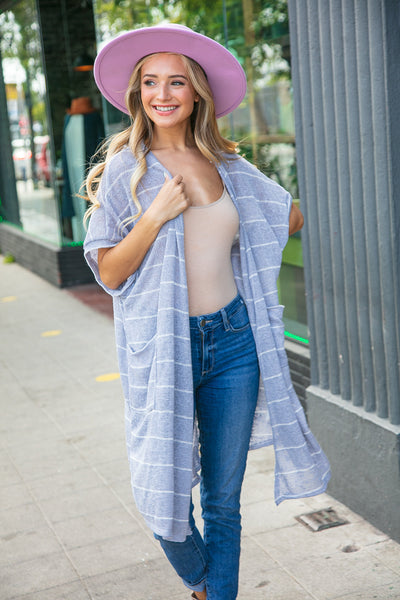 Grey Oversize Front Pocket Banded Short Sleeve Cardigan