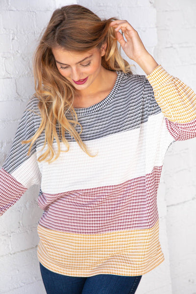 Jacquard Wide Stripe Color Block Bubble Sleeve Sweater