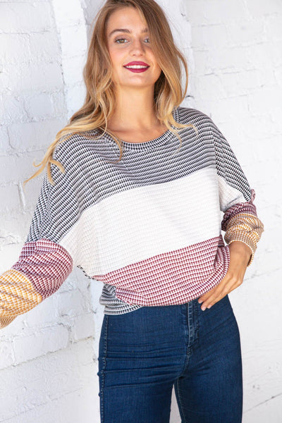 Jacquard Wide Stripe Color Block Bubble Sleeve Sweater