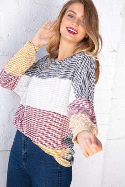 Jacquard Wide Stripe Color Block Bubble Sleeve Sweater