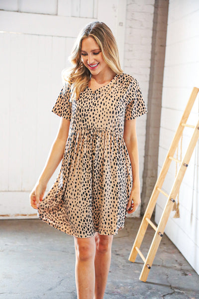 Taupe Spotted Leopard Babydoll Pocketed Swing Dress