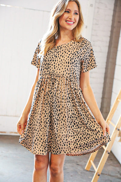 Taupe Spotted Leopard Babydoll Pocketed Swing Dress