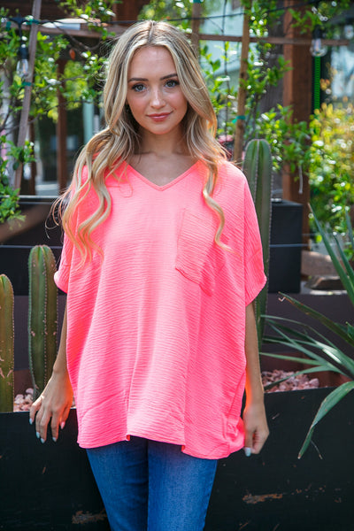 Neon Coral Woven V Neck Dolman Short Sleeve Top