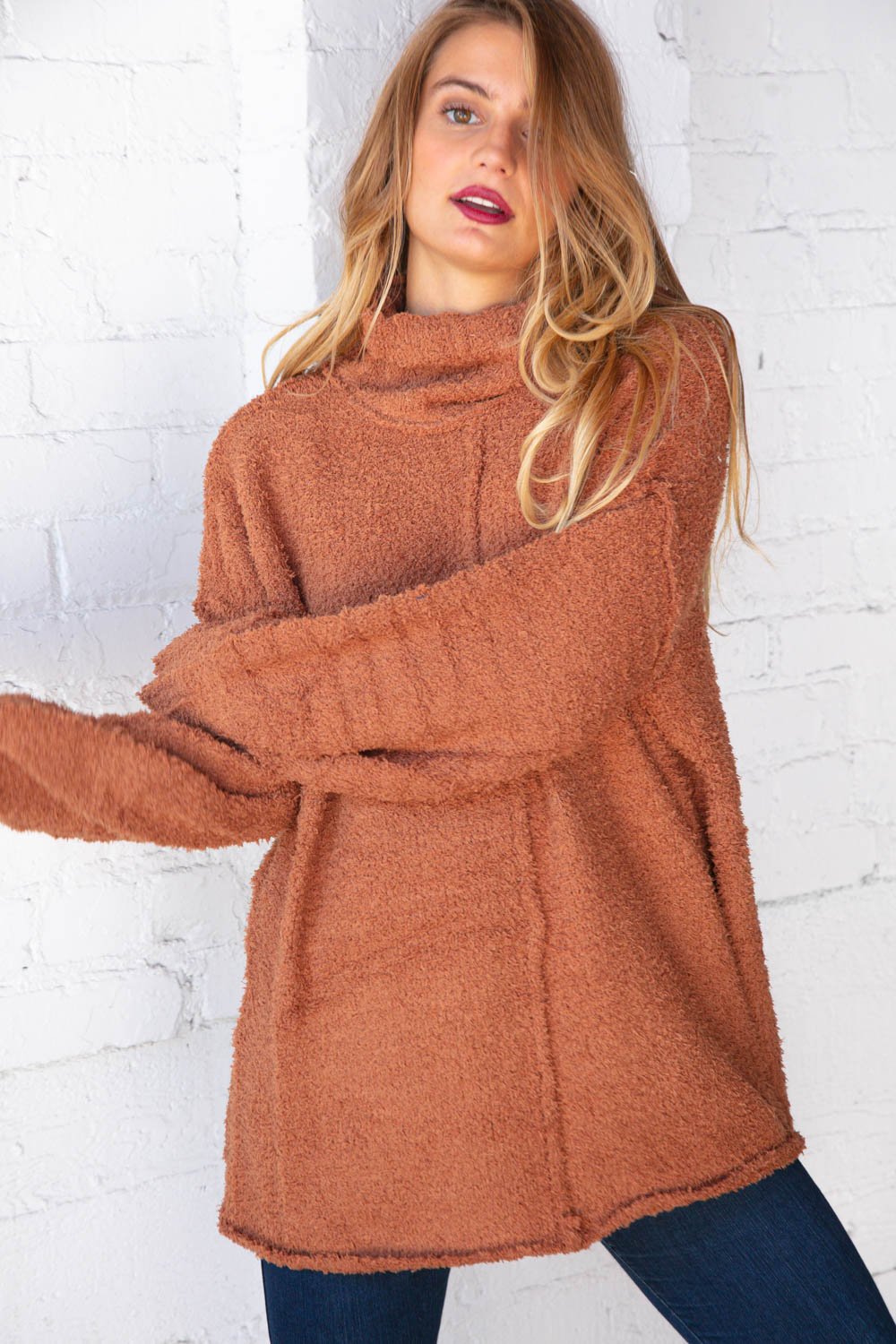 Rust Velvet Yarn Fuzzy Sweater Turtleneck Top