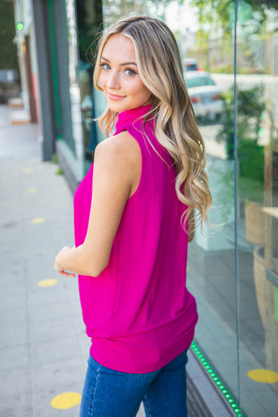 Magenta High Neck Waistband Pleated Top