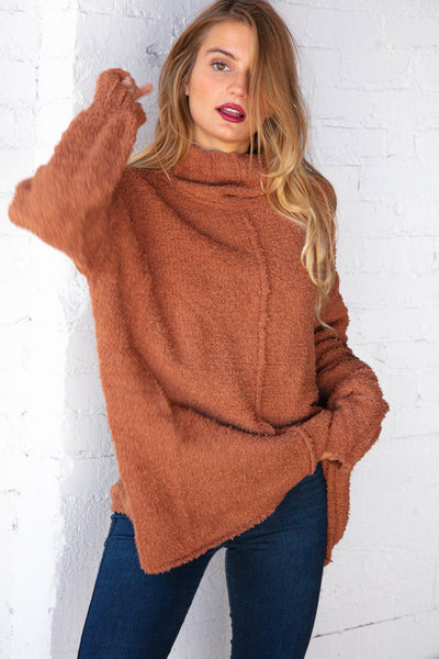 Rust Velvet Yarn Fuzzy Sweater Turtleneck Top