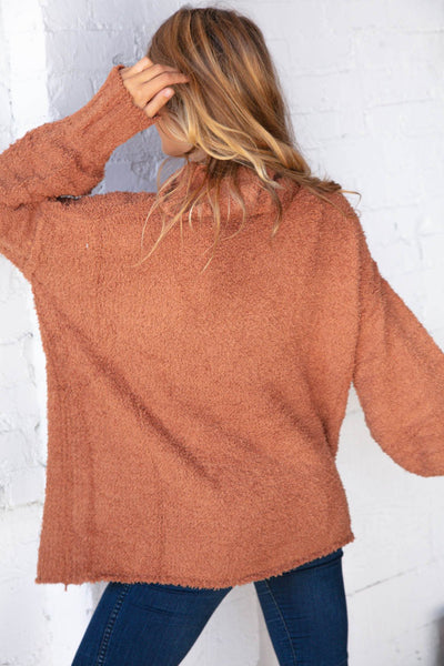 Rust Velvet Yarn Fuzzy Sweater Turtleneck Top