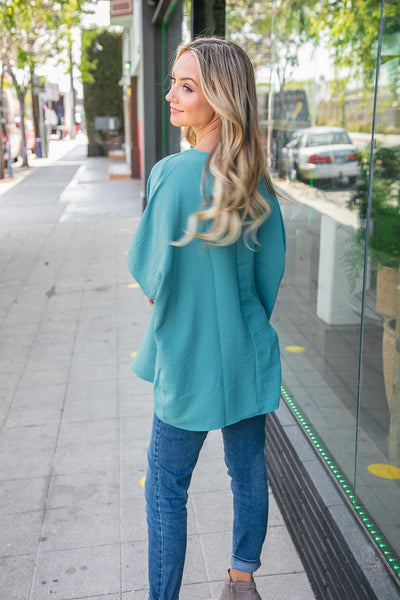 Teal Woven V Neck Dolman Short Sleeve Top