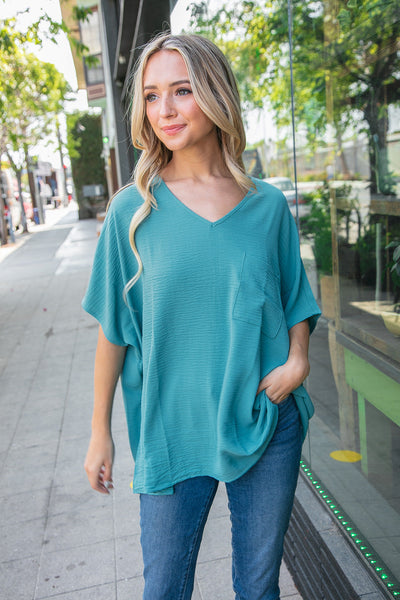 Teal Woven V Neck Dolman Short Sleeve Top