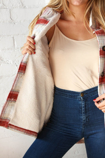 Cream & Rust Plaid Sherpa Lined Pocketed Jacket